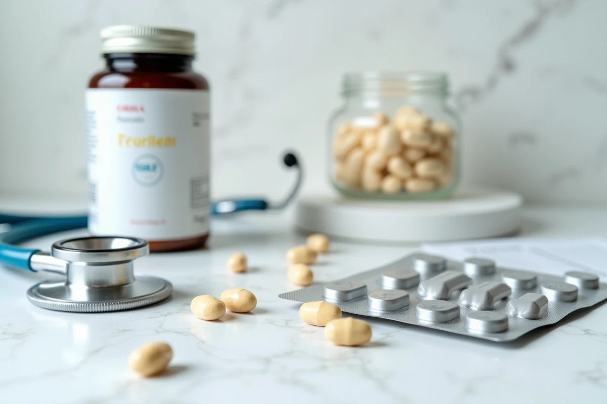 Sélection de probiotiques en pharmacie sur fond de marbre blanc pour traitement de fond intestinal