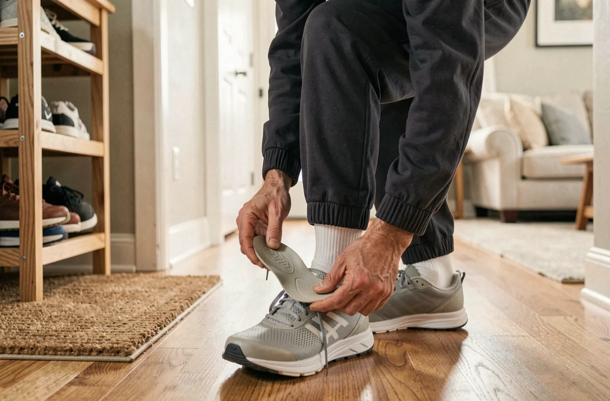 Homme insérant une semelle orthopédique dans sa chaussure de sport à domicile, illustrant une solution de traitement de l'épine calcanéenne après rééducation