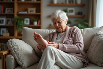 Femme senior se massant la jambe dans un salon chaleureux