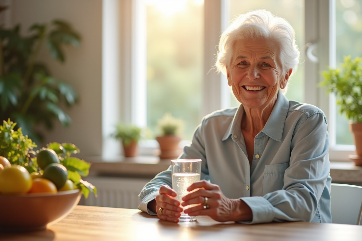 Seniore souriante buvant de l'eau et prenant une vitamine