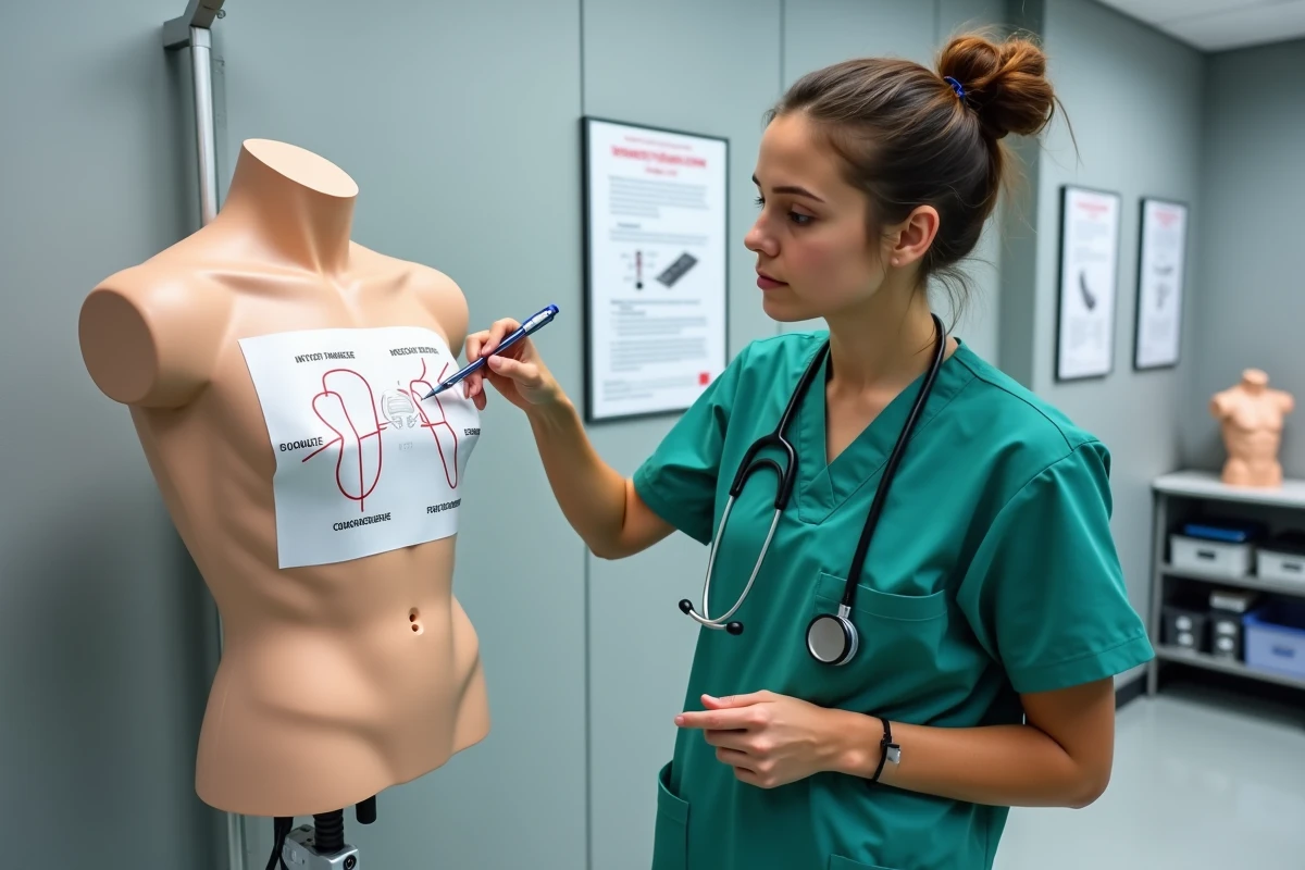 Étudiante en médecine expliquant les foyers d'auscultation cardiaque sur un mannequin de simulation clinique dans un laboratoire de compétences médicales