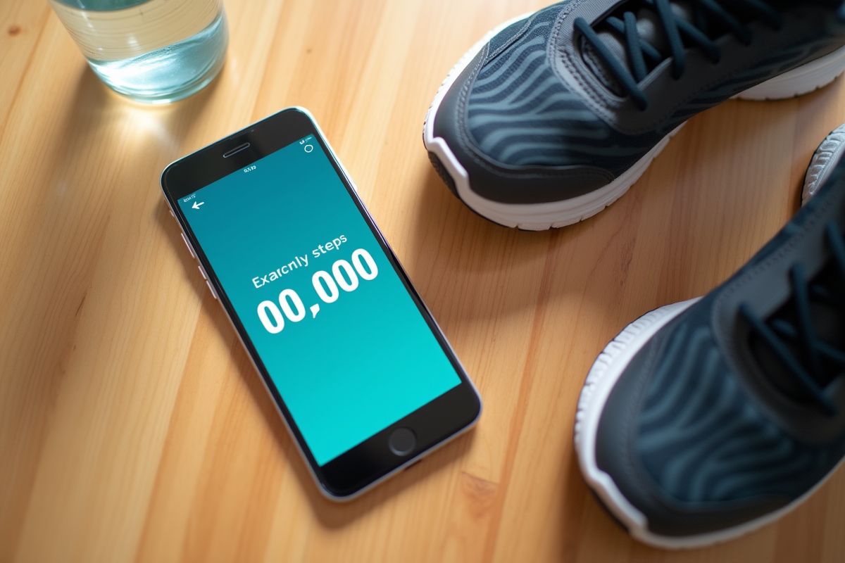 Vue de dessus d un smartphone avec compteur de pas 10000 steps