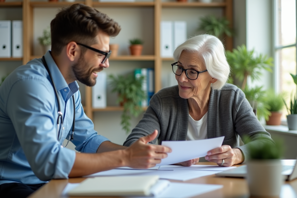 Jeune professionnel examinant des documents avec une cliente âgée