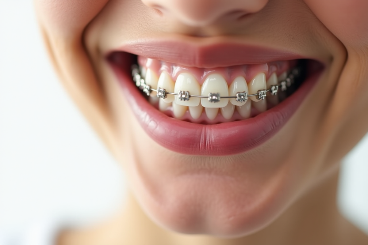 Sourire en gros plan avec appareils dentaires dents droites