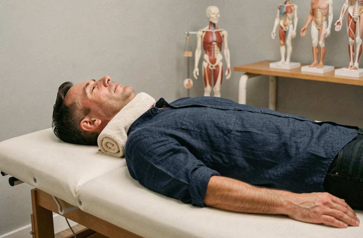 Homme allongé sur une table de massage avec un coussin cervical sous la nuque pour soulager la rectitude du rachis cervical en cabinet de rééducation