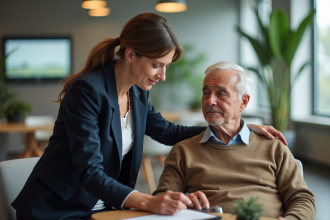 Femme aidant un senior dans un bureau moderne