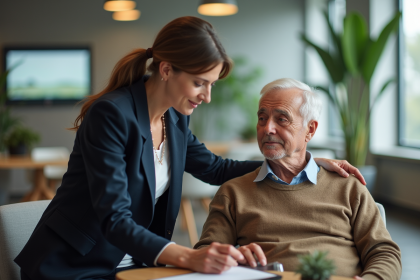Femme aidant un senior dans un bureau moderne