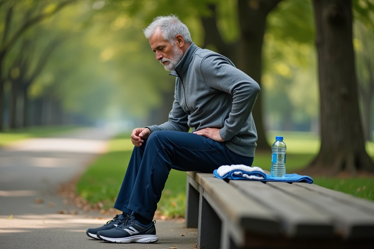 Sportif d'âge mûr assis sur un banc de parc réfléchissant à la décision de continuer ou d'arrêter son entraînement à cause d'une douleur dans le bas du dos à droite