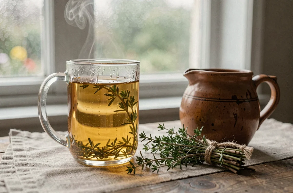 Tasse de tisane au thym dorée avec des brins de thym frais et un pot de miel vintage sur une table en bois