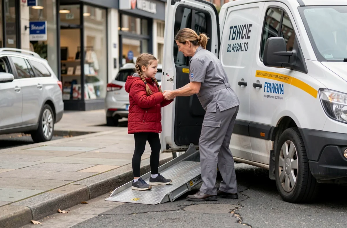 Jeune fille handicapée descendant d'un taxi PMR avec l'aide d'une auxiliaire de vie sur un trottoir urbain