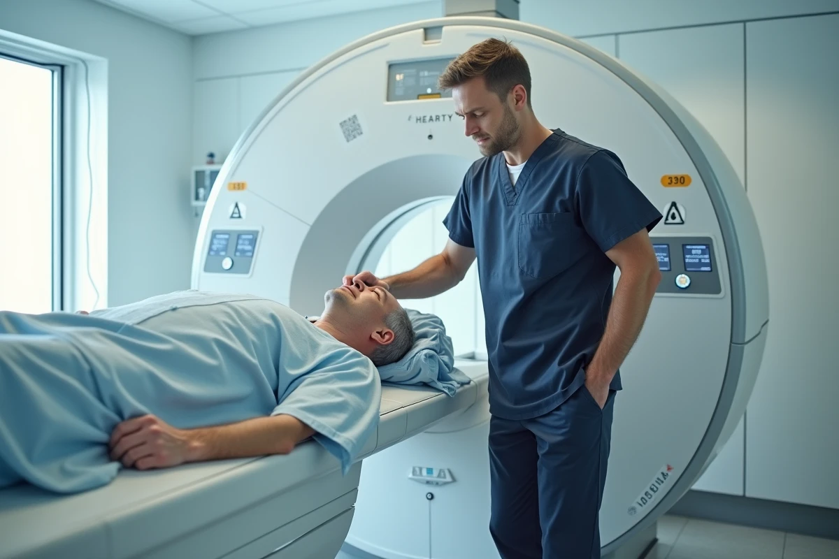 Technicien IRM préparant un patient pour un examen d'imagerie cérébrale en salle d'IRM hospitalière