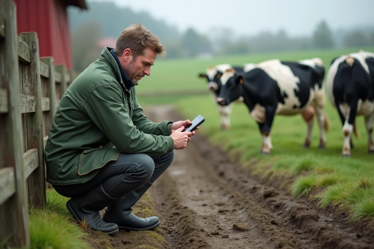Technicien laitier enregistrant des résultats de contrôle laitier sur smartphone en plein air dans une ferme