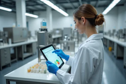 Technicienne laitière consultant les données d'analyse du lait sur tablette dans un laboratoire moderne