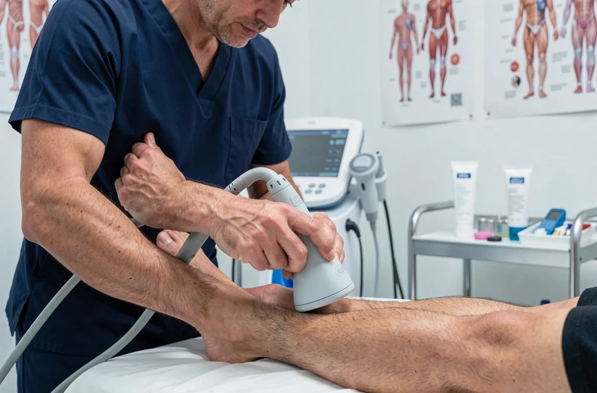 Kinésithérapeute appliquant une thérapie par ultrasons sur le talon d'un patient pour traiter une épine calcanéenne en cabinet de rééducation
