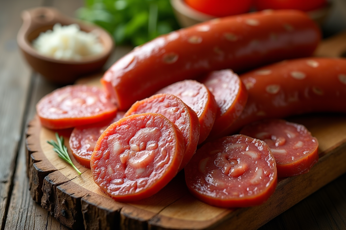 Tranches de chorizo sur planche en bois avec texture détaillée