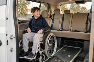 Adolescent en fauteuil roulant motorisé installé dans un véhicule adapté avec rampe hydraulique pour personnes handicapées