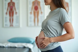 Femme d'âge moyen avec ventre arrondi visible lors d'une consultation médicale, illustrant les types de gros ventre féminin