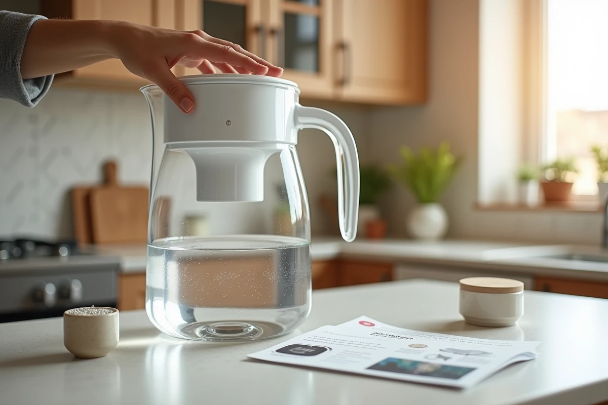 Cuisine moderne avec un pichet filtre à perles de céramique, un verre d'eau et une notice d'information, illustrant l'utilisation quotidienne et les questions de santé associées
