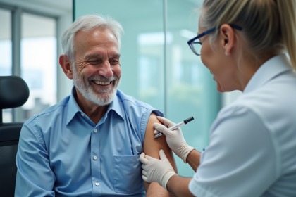 Senior souriant recevant une vaccination contre la grippe